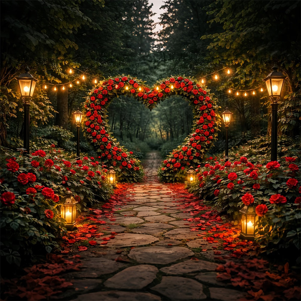 Red Rose Backdrop Garden Lantern Heart Pathway Floral Arch Valentine Backdrop LXX512-97