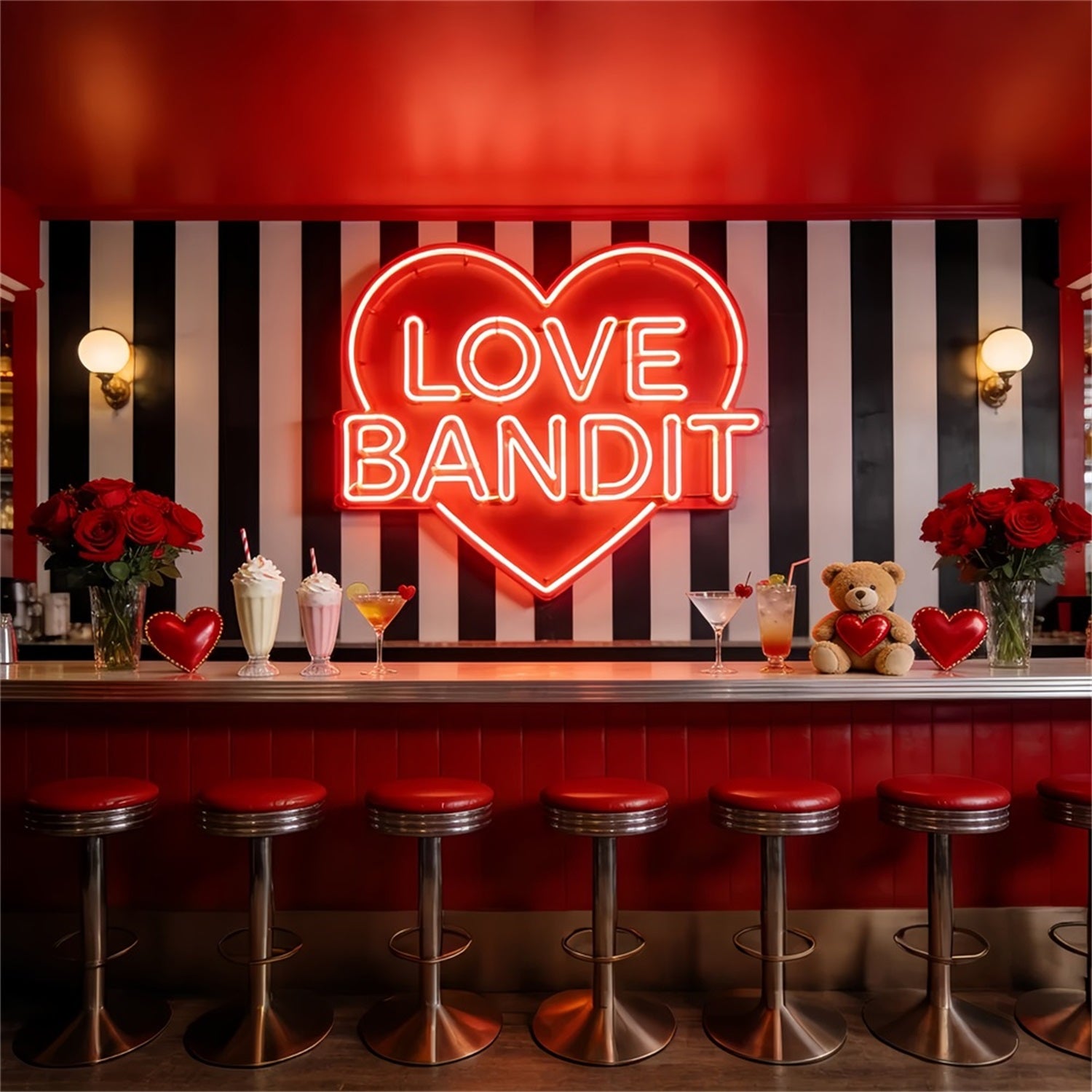 90s Valentine's Day Backdrop Neon Love Diner Bar Heart Backdrop LXX512-98