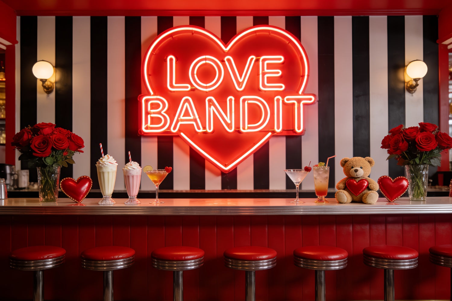90s Valentine's Day Backdrop Neon Love Diner Bar Heart Backdrop LXX512-98