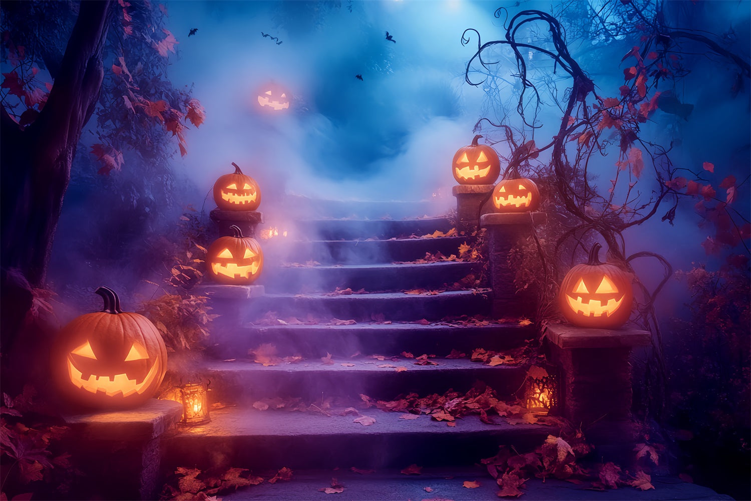 Scary Halloween Backdrop Glowing Pumpkin Stairway Backdrop LXX57-105
