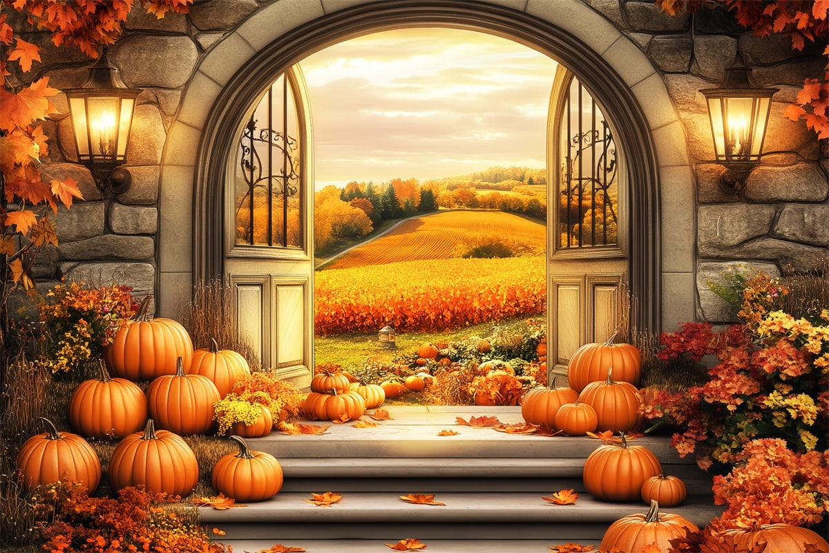 Fall Photo Backdrop Golden Fields Stone Arch Backdrop LXX57-158