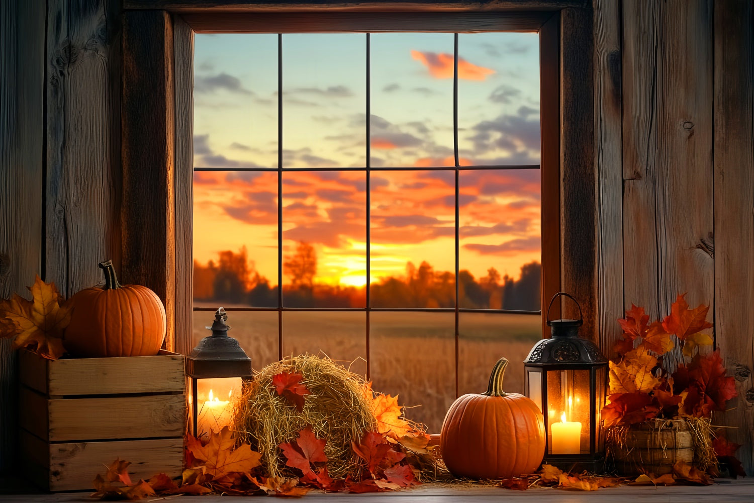 Sunset Backdrop Pumpkin Twilight Window Fall Backdrop LXX57-175