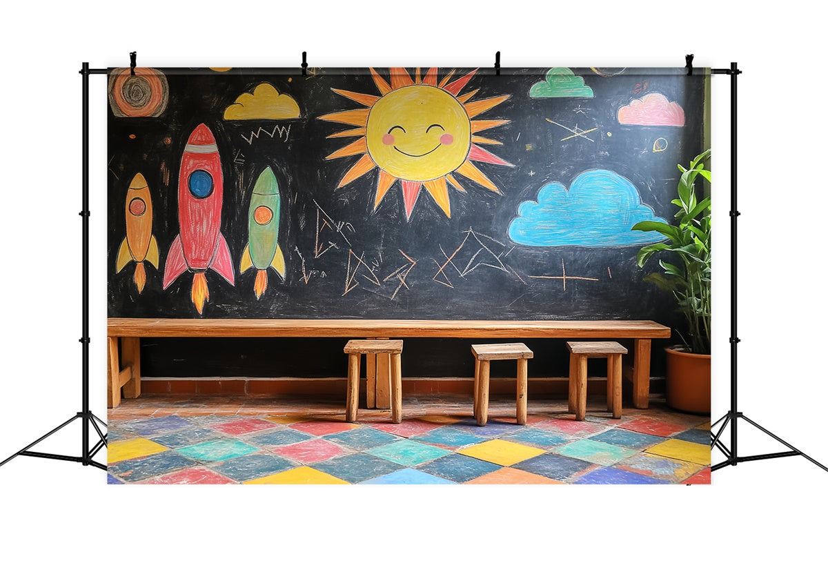 Chalkboard Backdrop Crayon Sky Rocket Fun Backdrop LXX57-20