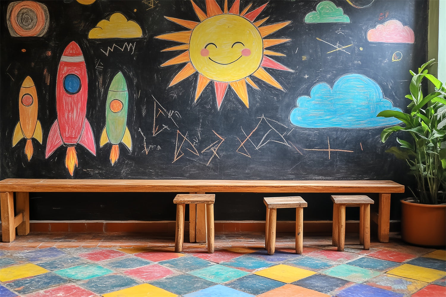 Chalkboard Backdrop Crayon Sky Rocket Fun Backdrop LXX57-20