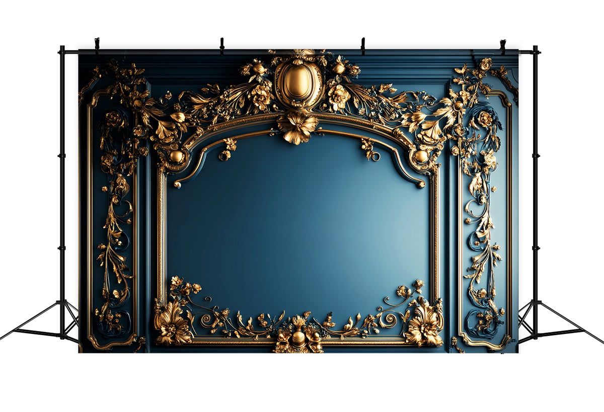 Baroque Backdrop Opulent Blue Gilded Vintage Wall Backdrop LXX57-207