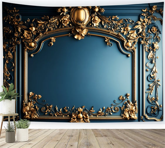 Baroque Backdrop Opulent Blue Gilded Vintage Wall Backdrop LXX57-207