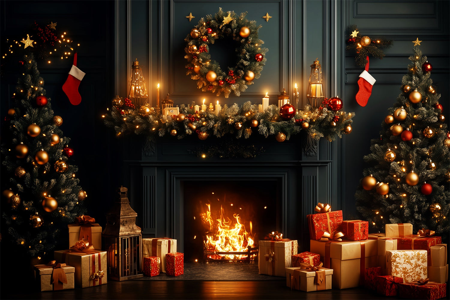 Vintage Christmas Backdrop Festive Wreath Mantel Backdrop LXX57-228
