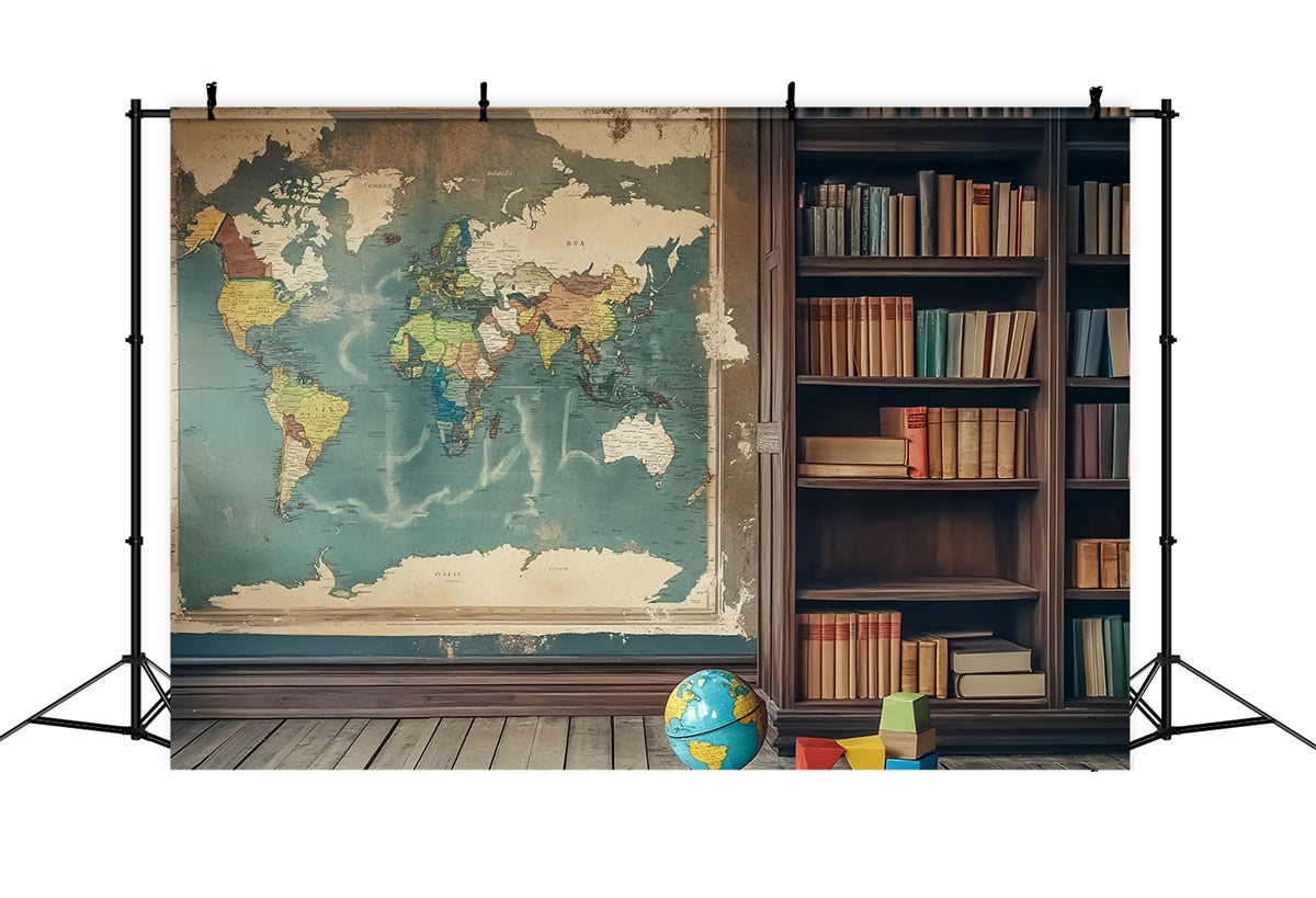 Back To School Backdrop Vintage Map Study Room Backdrop LXX57-24