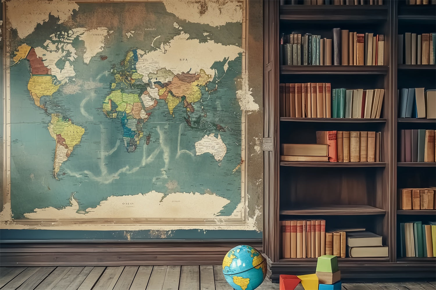 Back To School Backdrop Vintage Map Study Room Backdrop LXX57-24