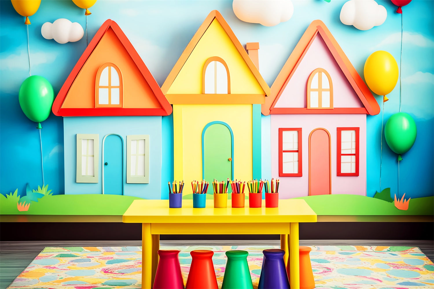 Back To School Backdrops Colorful Cottage Balloon Backdrop LXX57-28