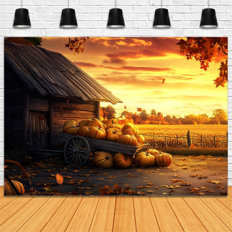 Happy Thanksgiving Backdrop Pumpkin Cart Glow Sunset Backdrop LXX57-327
