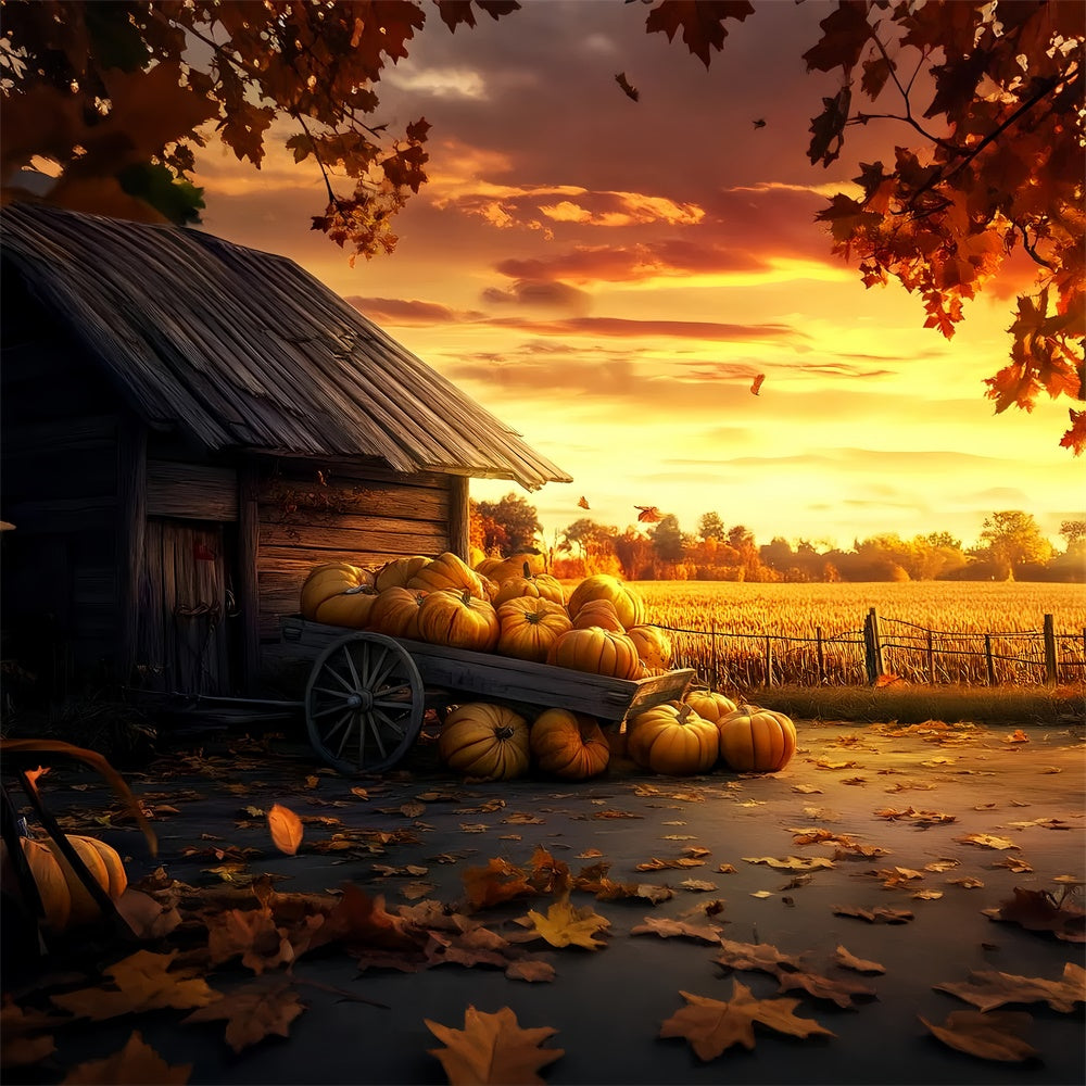 Happy Thanksgiving Backdrop Pumpkin Cart Glow Sunset Backdrop LXX57-327