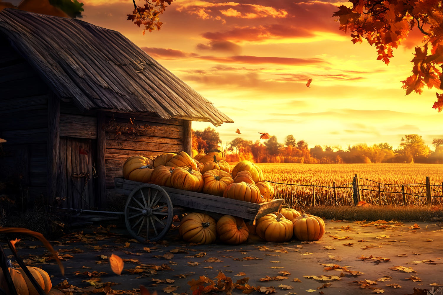 Happy Thanksgiving Backdrop Pumpkin Cart Glow Sunset Backdrop LXX57-327