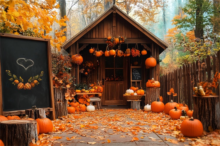 Thanksgiving Backdrop Pumpkin Porch Forest Cabin Backdrop LXX57-333