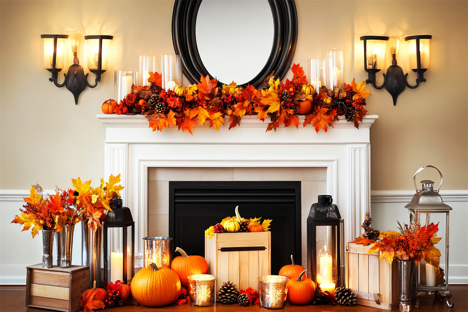 Thanksgiving Photo Backdrop Cozy Harvest Mantel Backdrop LXX57-334