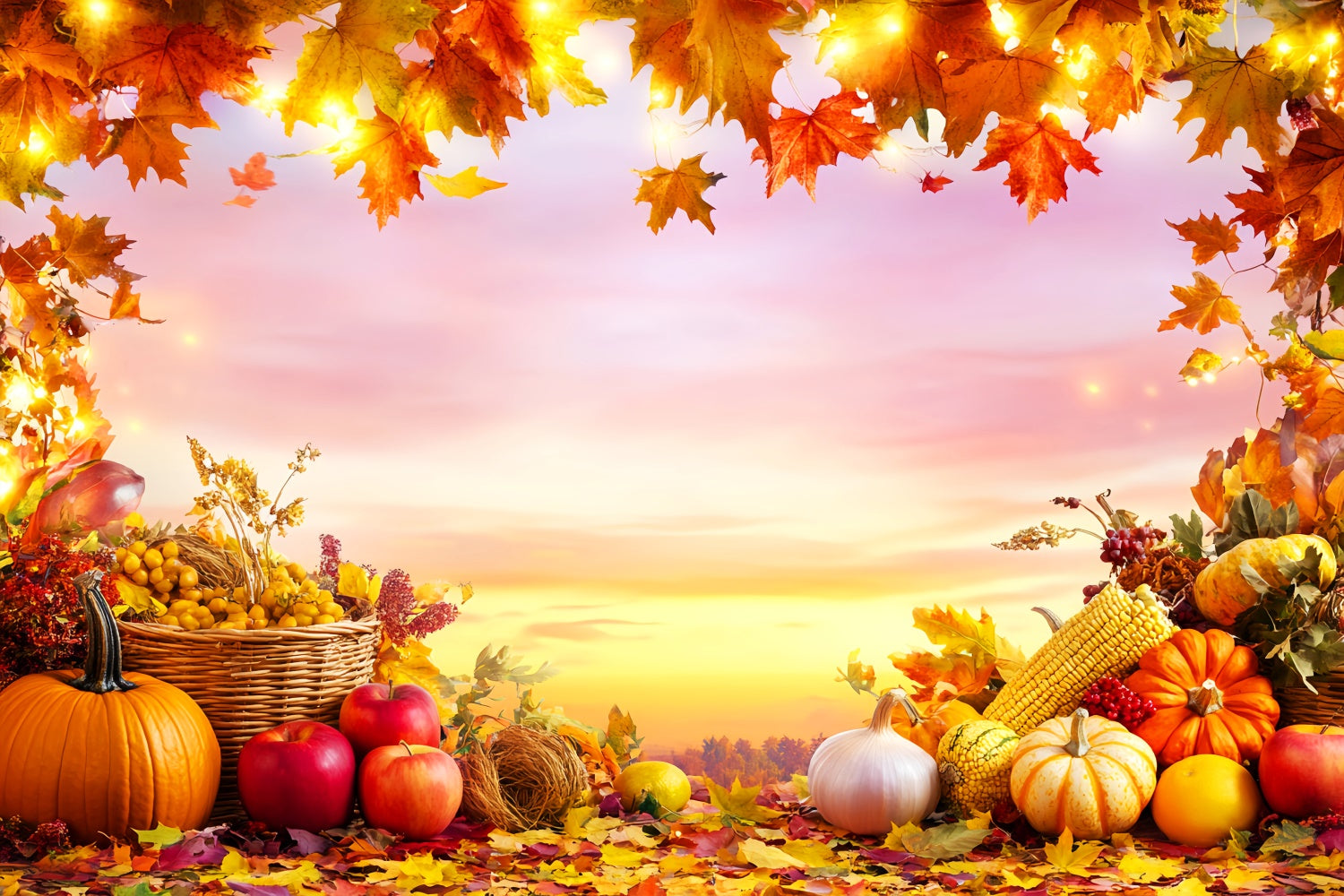 Thanksgiving Day Backdrop Apple Corn Sunset Photo Backdrop LXX57-340
