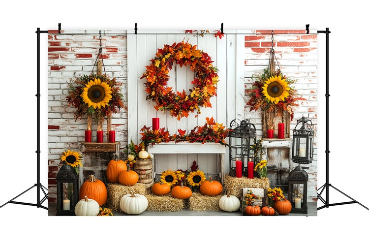 Fall Thanksgiving Backdrop Wreath Sunflower Brick Backdrop LXX57-342