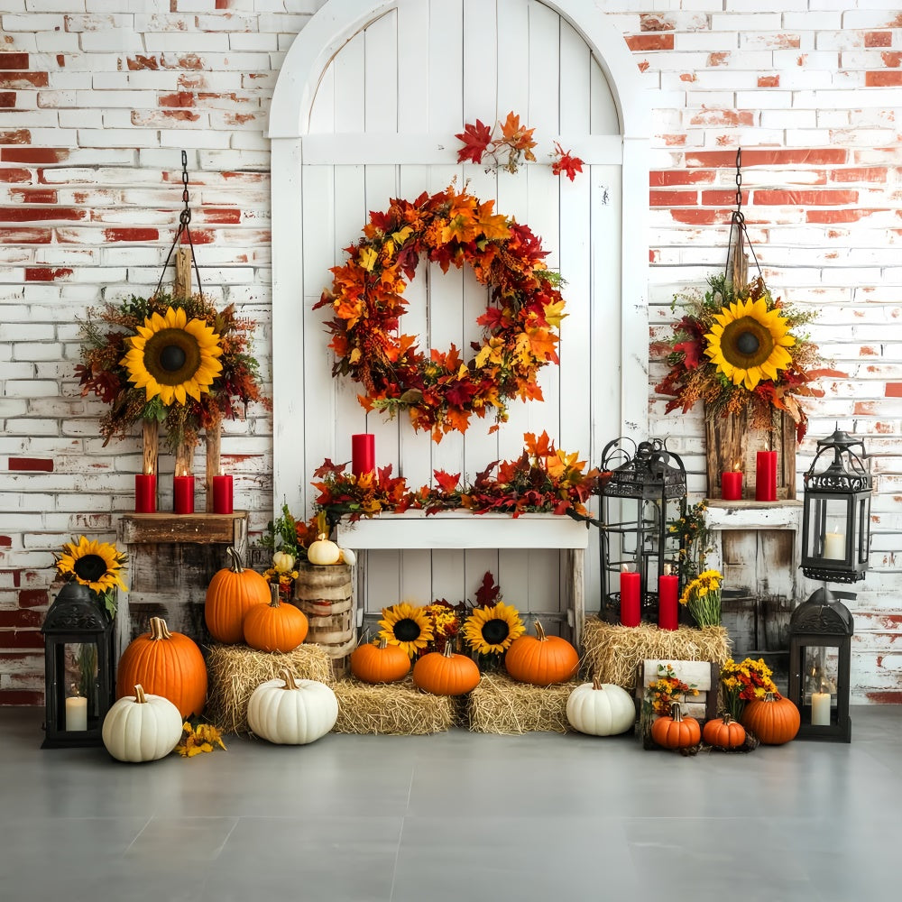Fall Thanksgiving Backdrop Wreath Sunflower Brick Backdrop LXX57-342