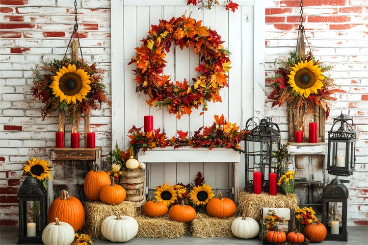 Fall Thanksgiving Backdrop Wreath Sunflower Brick Backdrop LXX57-342