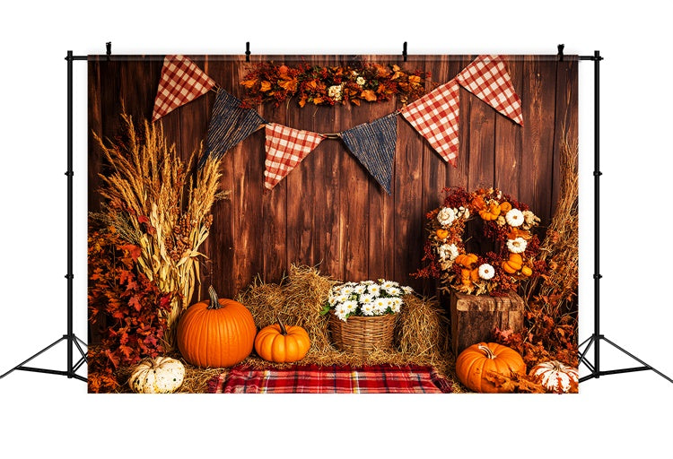 Thanksgiving Photo Backdrop Plaid Banner Harvest Backdrop LXX57-352