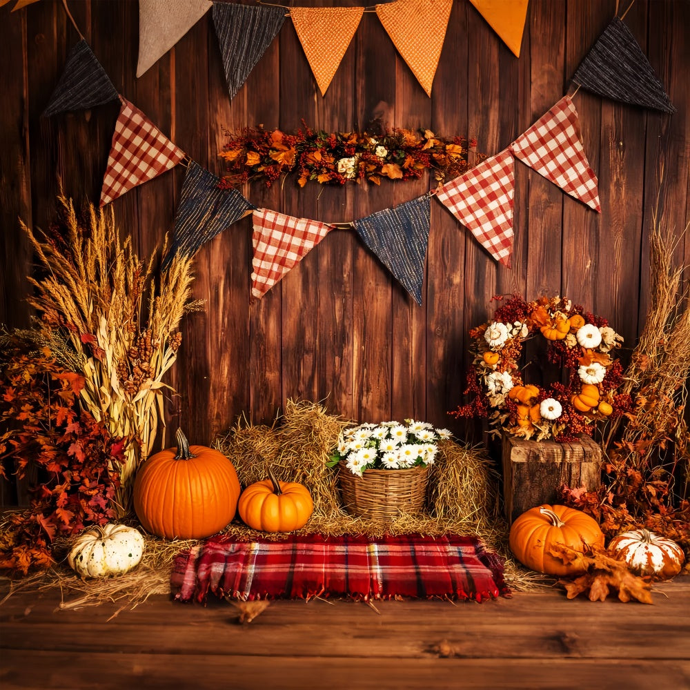 Thanksgiving Photo Backdrop Plaid Banner Harvest Backdrop LXX57-352