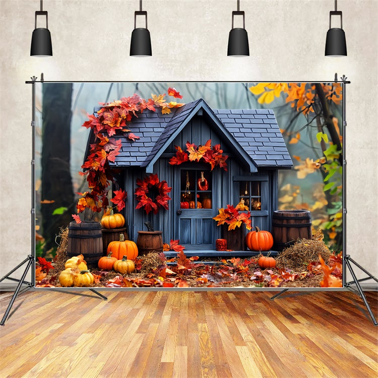 Backdrop Thanksgiving Woodland Pumpkin Cottage Backdrop LXX57-359