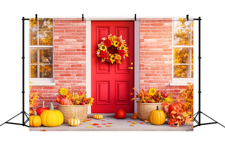 Fall Thanksgiving Backdrop Red Door Porch Autumn Backdrop LXX57-362