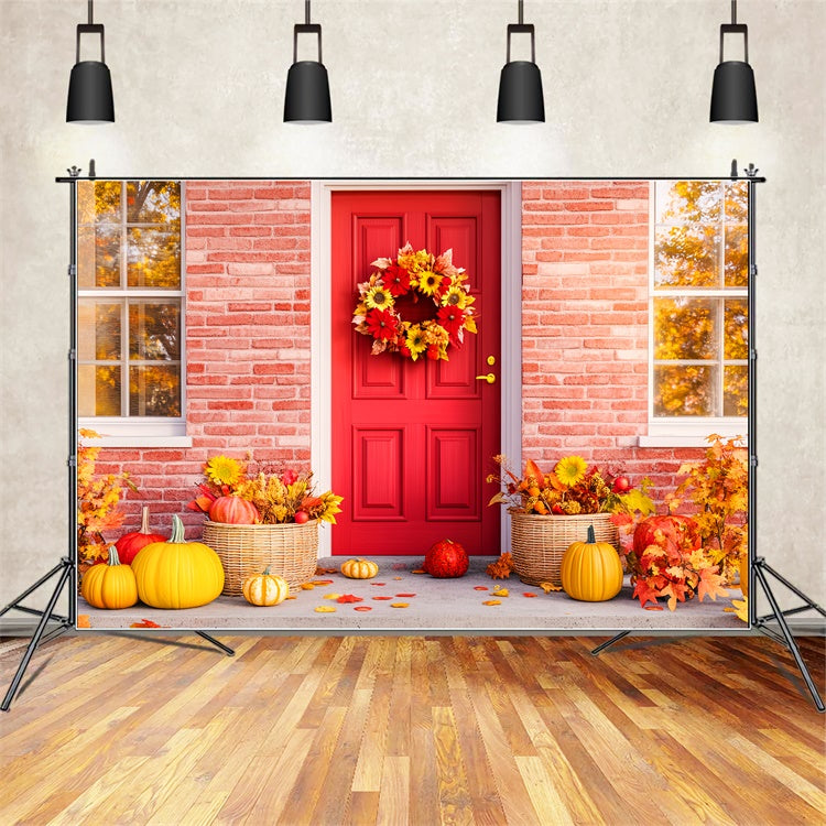 Fall Thanksgiving Backdrop Red Door Porch Autumn Backdrop LXX57-362
