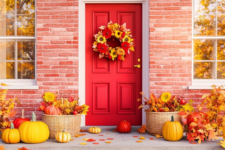 Fall Thanksgiving Backdrop Red Door Porch Autumn Backdrop LXX57-362