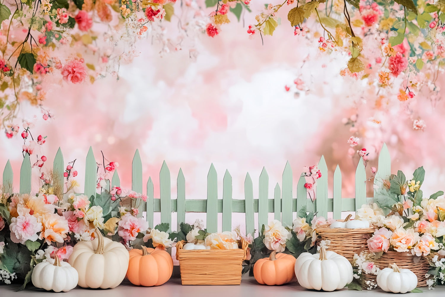 Thanksgiving Picture Backdrop Blush Floral Pumpkin Backdrop LXX57-364