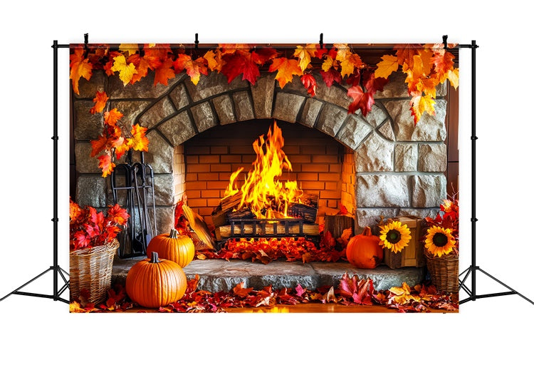 Backdrop Thanksgiving Stone Hearth Autumn Leaves Backdrop LXX57-366