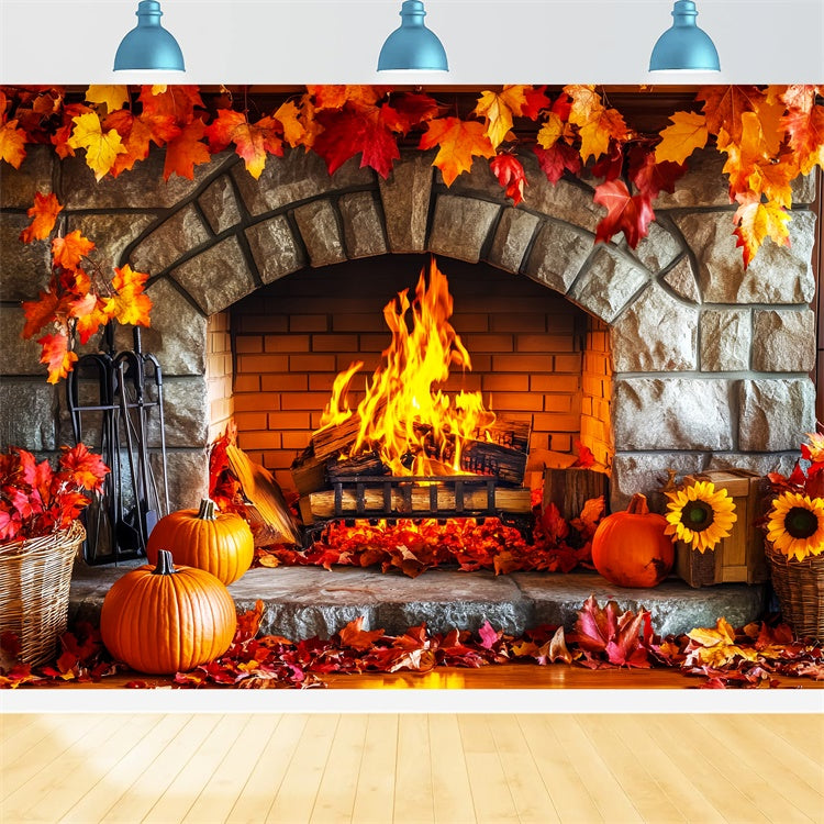 Backdrop Thanksgiving Stone Hearth Autumn Leaves Backdrop LXX57-366