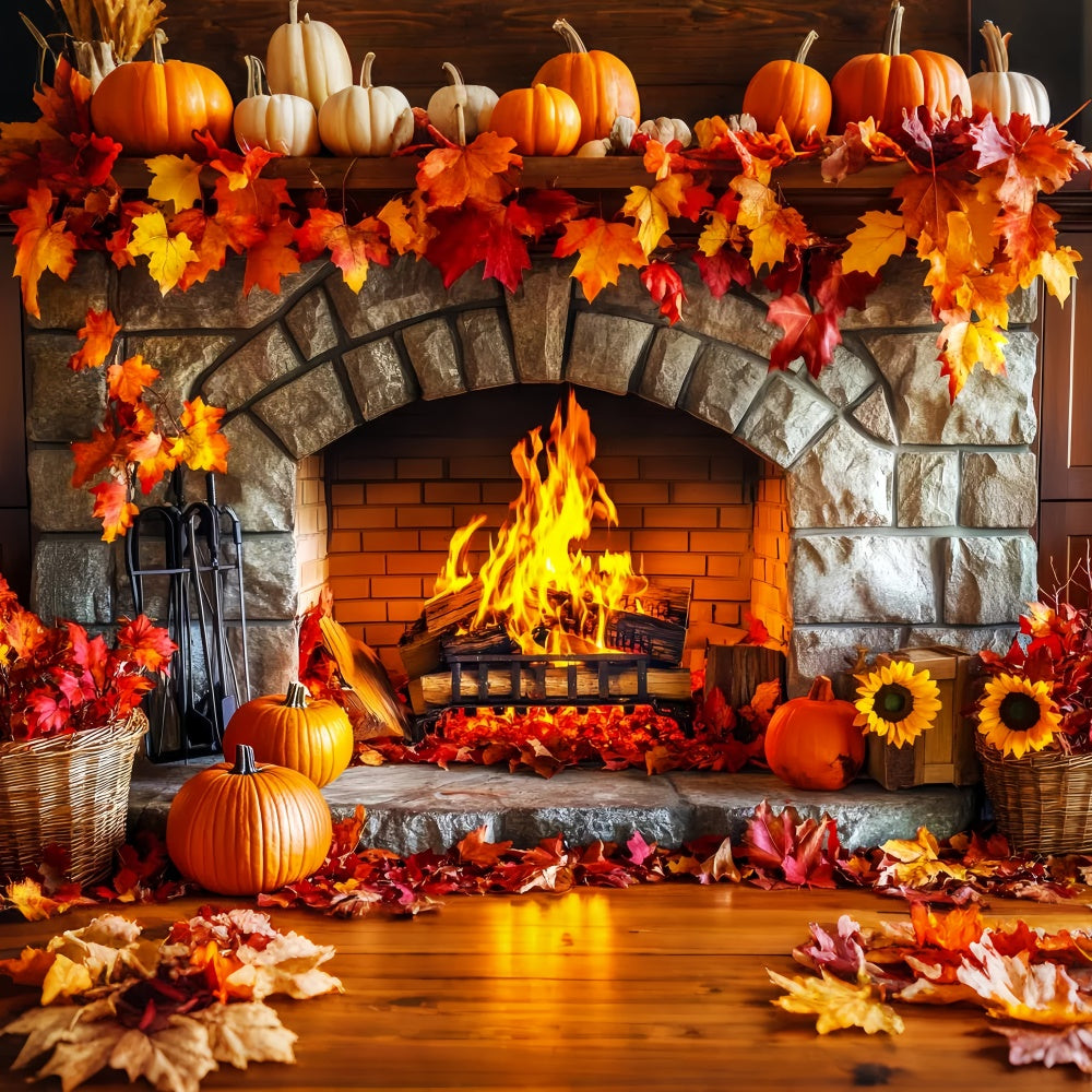Backdrop Thanksgiving Stone Hearth Autumn Leaves Backdrop LXX57-366