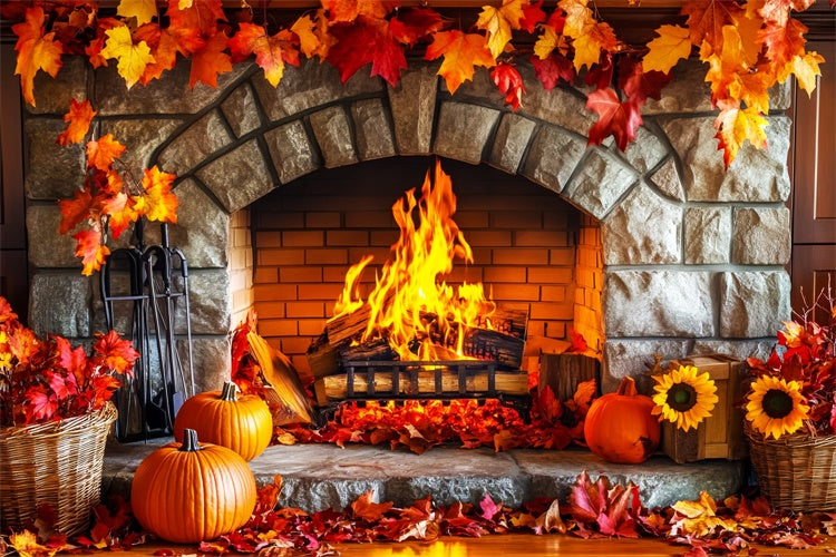 Backdrop Thanksgiving Stone Hearth Autumn Leaves Backdrop LXX57-366
