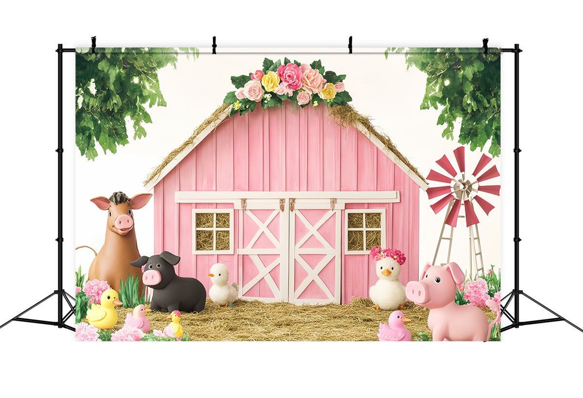 Pink Barn Backdrop Farm Fun Birthday Barn Backdrop LXX57-374