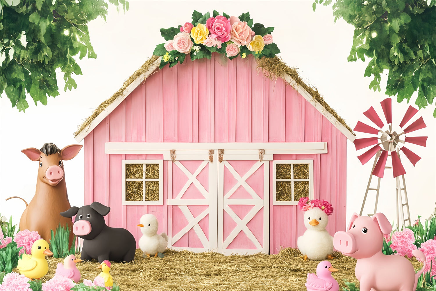 Pink Barn Backdrop Farm Fun Birthday Barn Backdrop LXX57-374