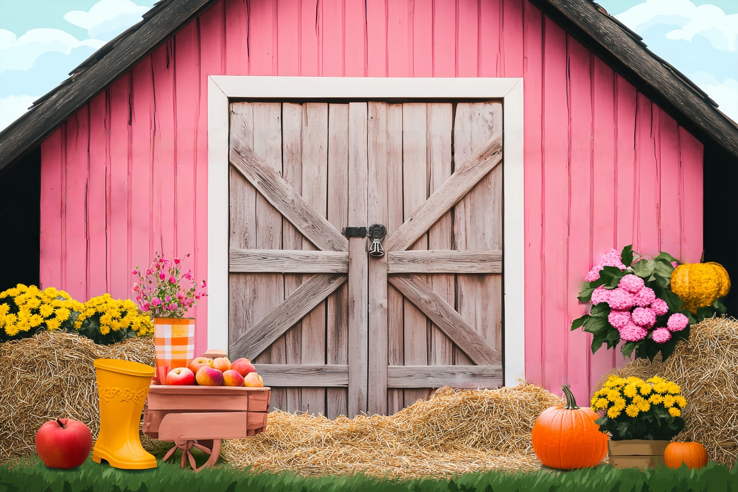 Pink Barn Backdrop Pumpkin Harvest Scene Backdrop LXX57-375