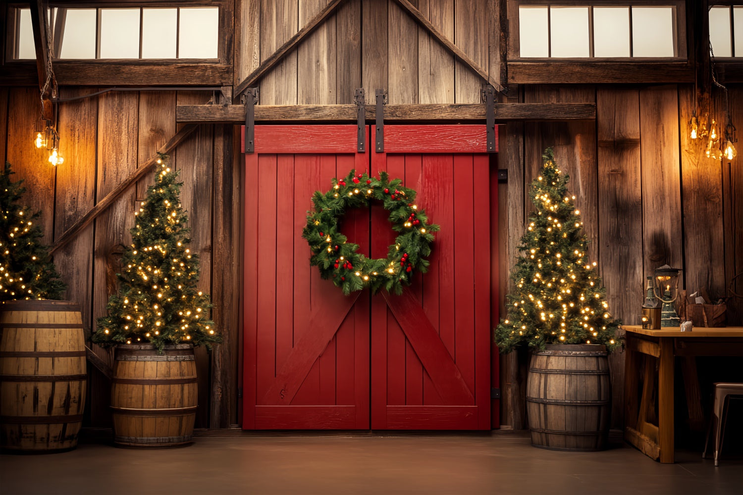 Barn Door Backdrop Cozy Interior Christmas Backdrop LXX57-376