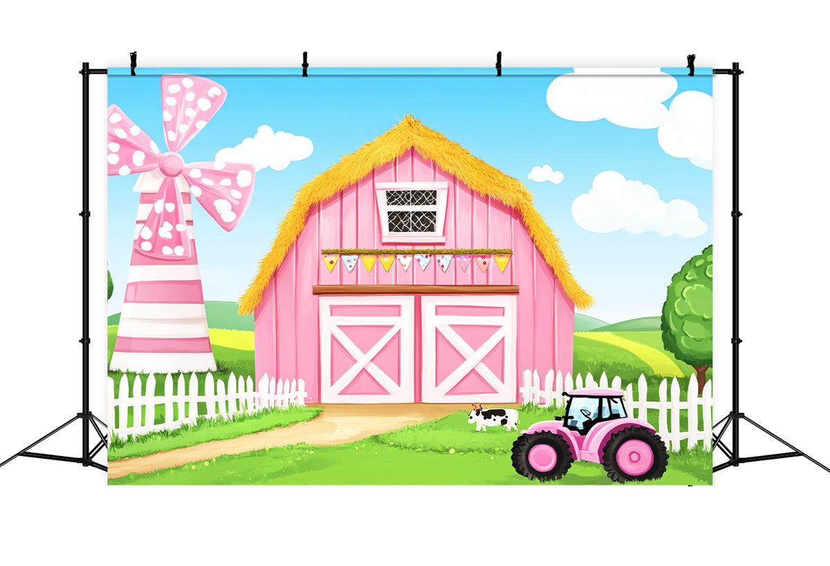 Pink Barn Backdrop Cartoon Farm Theme Backdrop LXX57-401