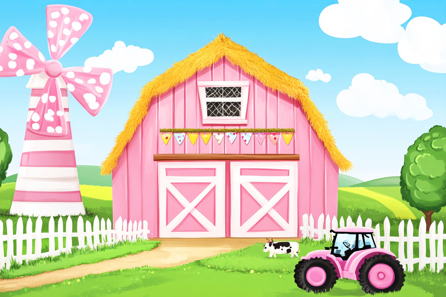 Pink Barn Backdrop Cartoon Farm Theme Backdrop LXX57-401
