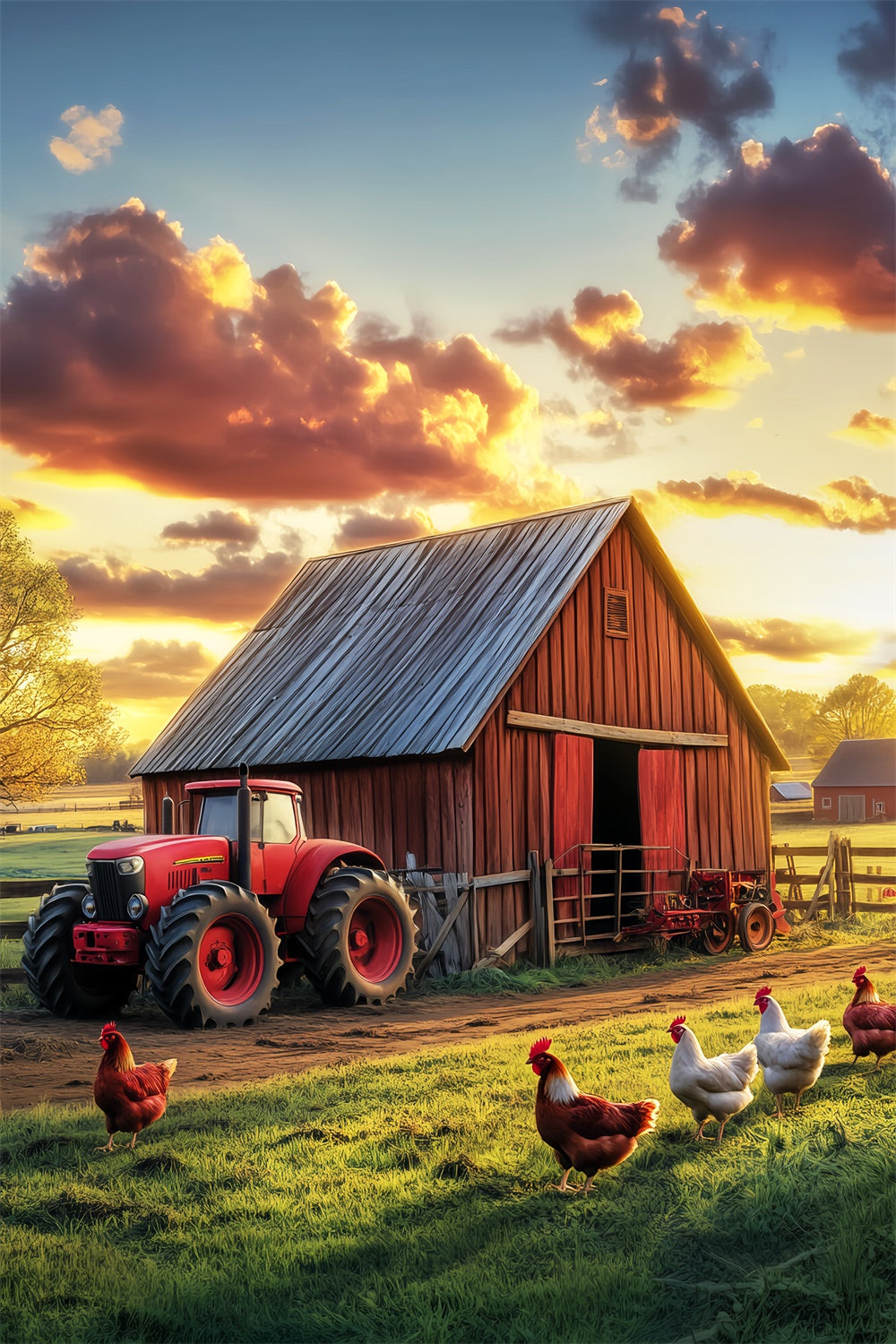 Rustic Barn Backdrop Chicken Farm Sunset Backdrop LXX57-416
