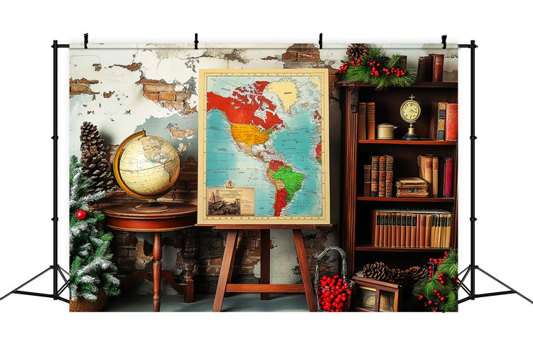 Back To School Photo Backdrop Rustic Map Globe Backdrop LXX57-52