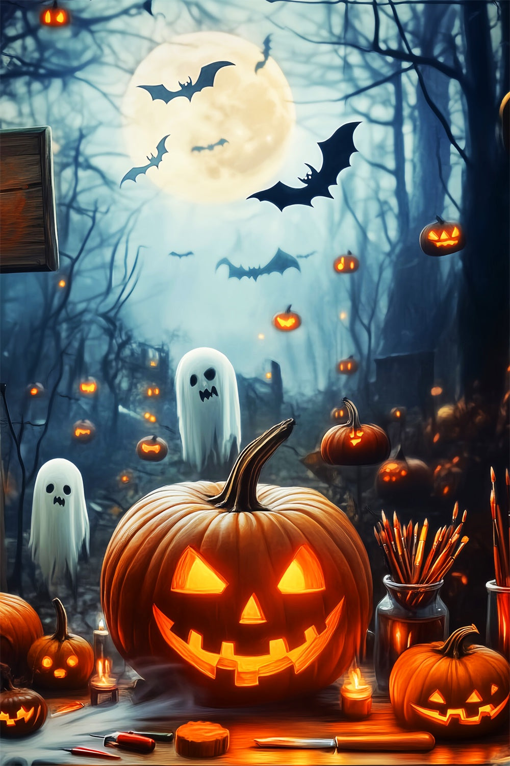 Halloween Moon Backdrop Moonlight Mischief Forest Backdrop LXX57-61