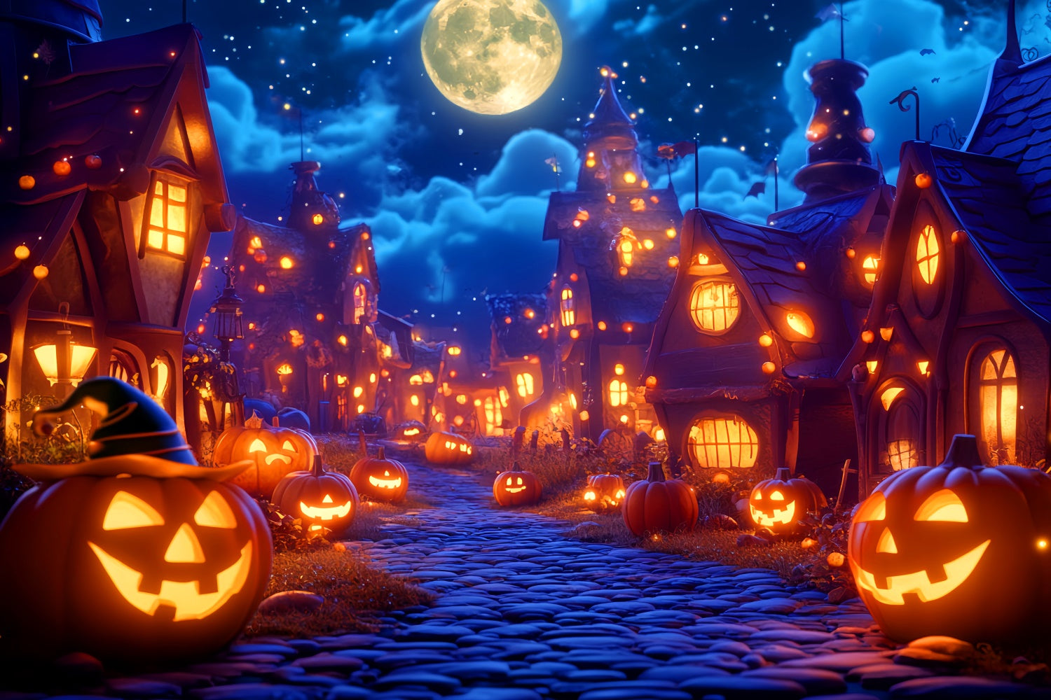 Haunted House Backdrop Moonlight Pumpkin Village Backdrop LXX57-65