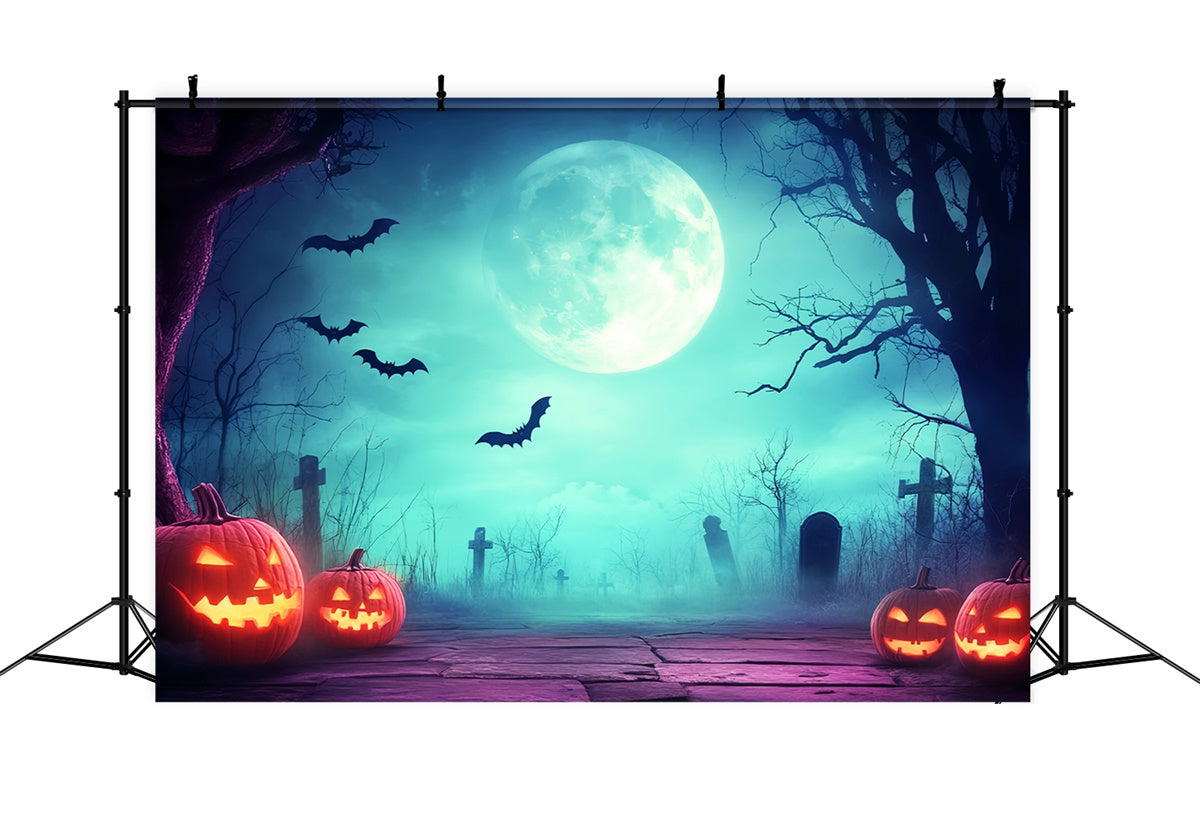 Halloween Graveyard Backdrop Eerie Moonlight Cemetery Backdrop LXX57-87