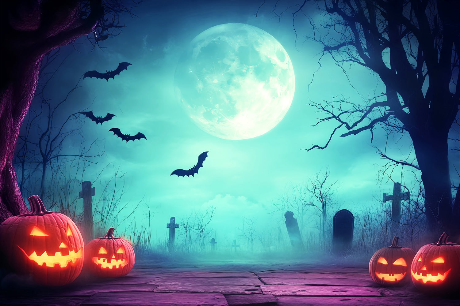 Halloween Graveyard Backdrop Eerie Moonlight Cemetery Backdrop LXX57-87
