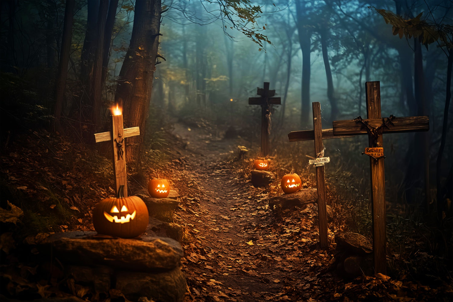 Halloween Graveyard Backdrop Haunted Forest Path Backdrop LXX58-10