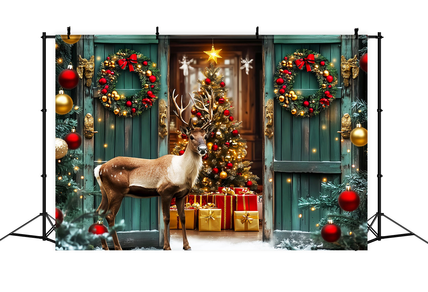 Christmas Tree Farm Backdrop Green Door Reindeer Holiday Entry High Resolution Christmas Backdrop LXX58-101