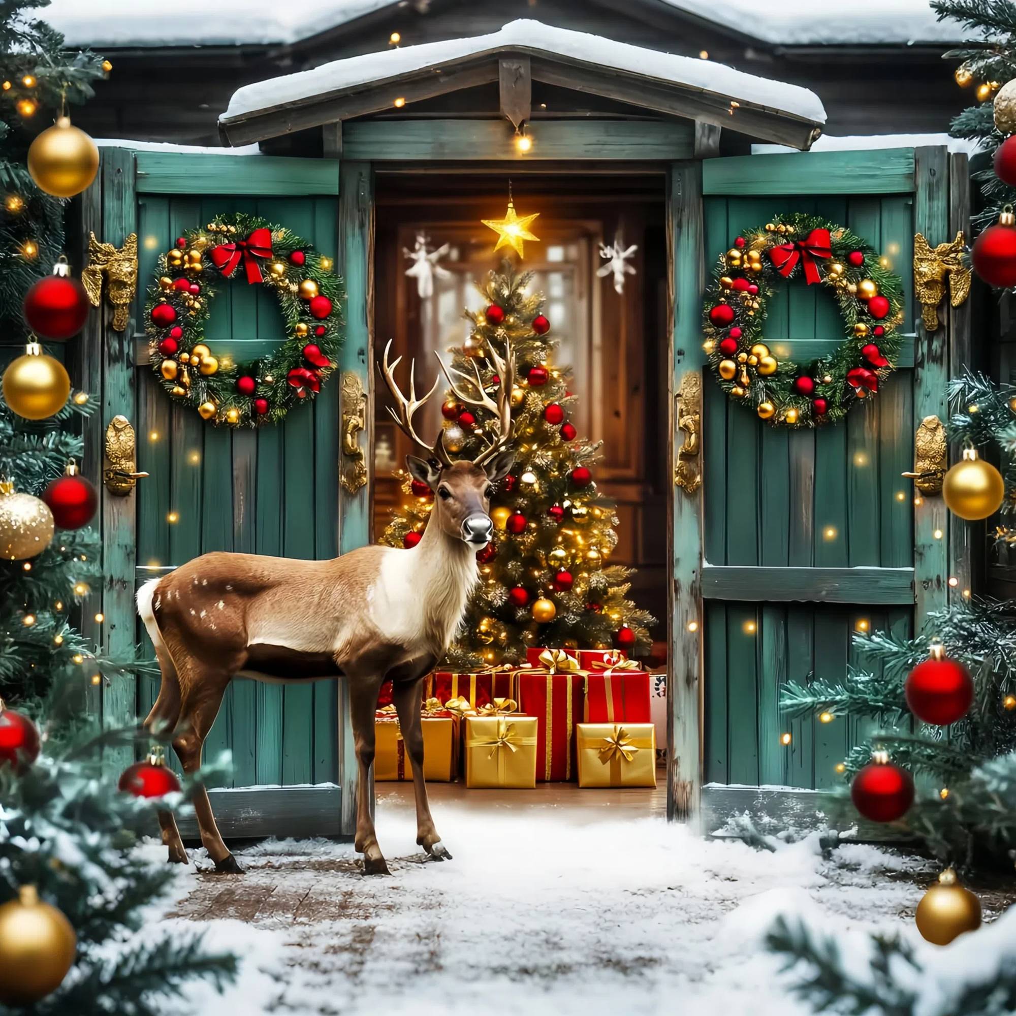 Christmas Tree Farm Backdrop Green Door Reindeer Holiday Entry High Resolution Christmas Backdrop LXX58-101