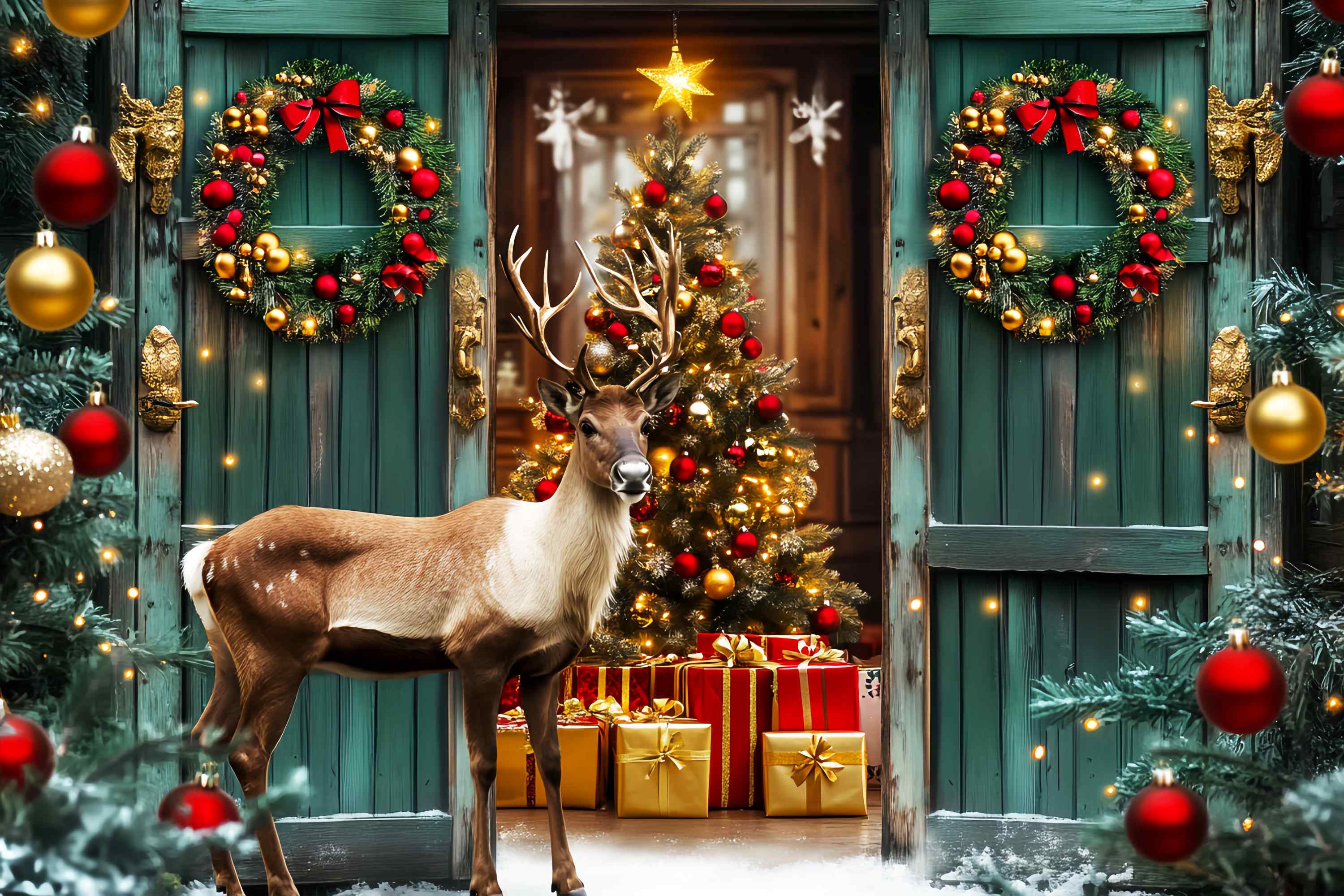 Christmas Tree Farm Backdrop Green Door Reindeer Holiday Entry High Resolution Christmas Backdrop LXX58-101